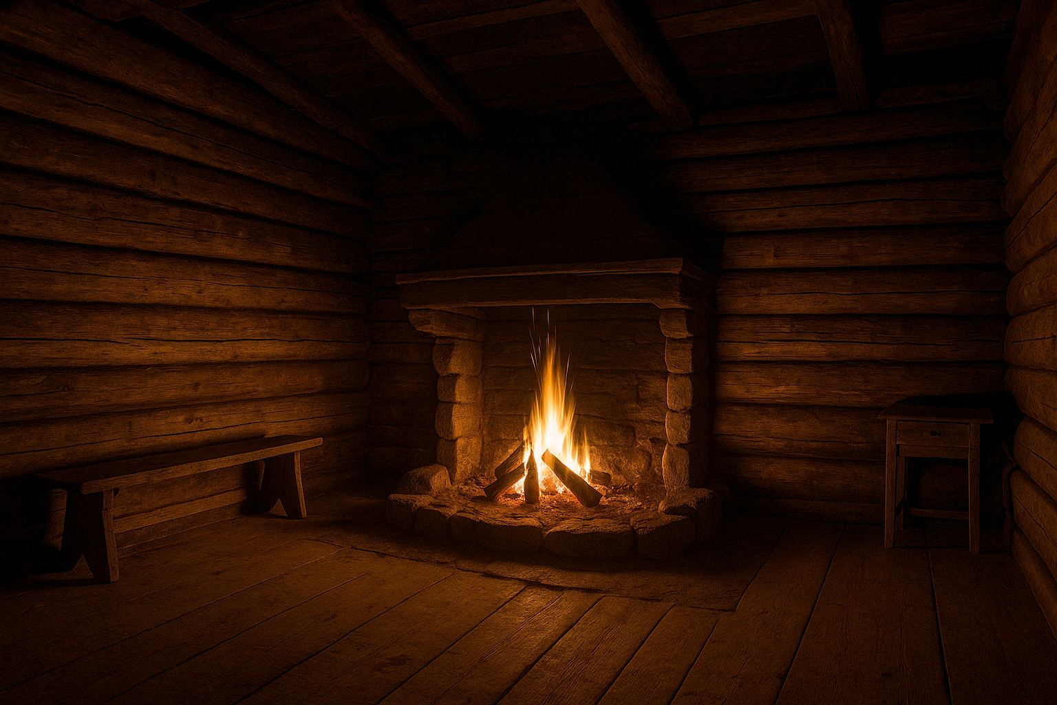 Firelight from an open hearth raking across hand-hewn log walls inside the workshop's oldest room