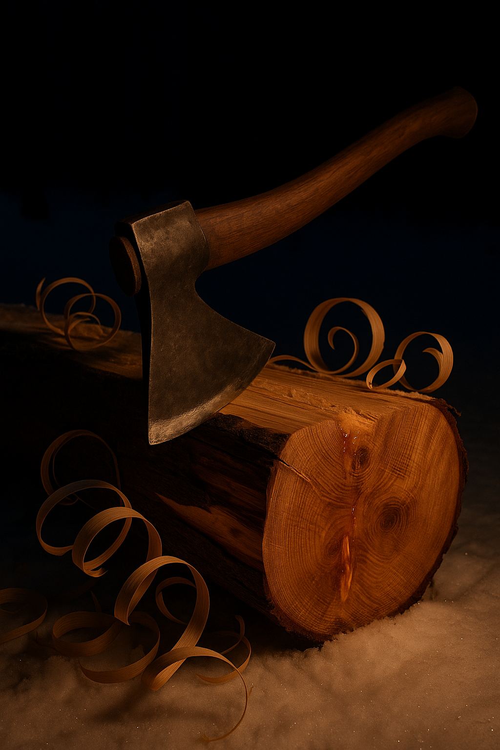 A Norwegian broad axe resting on a half-hewn malmfuru log, pine shavings curled around it
