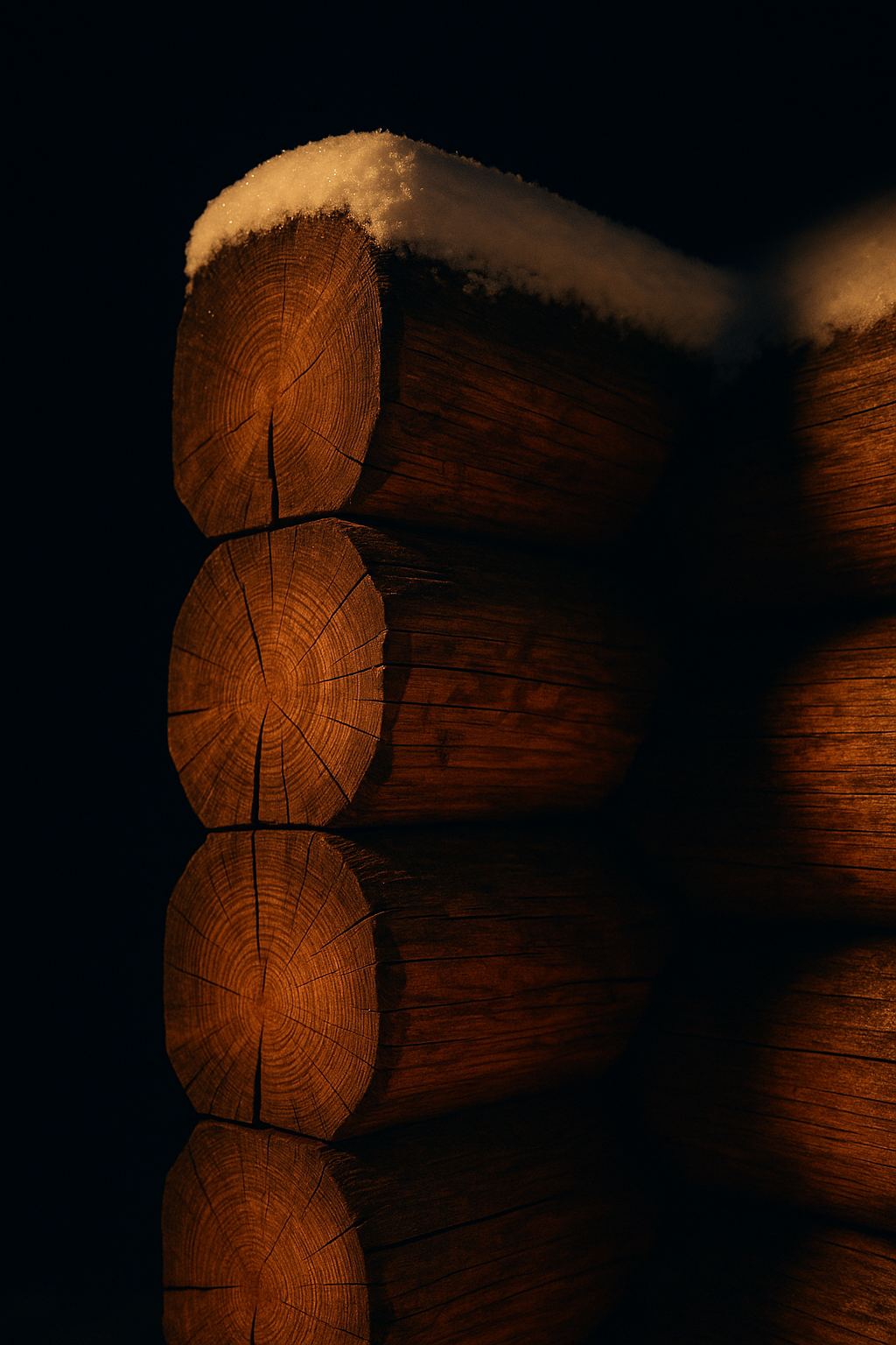 A laft corner joint: hand-hewn log ends lapped in a six-sided notch, dusted with snow