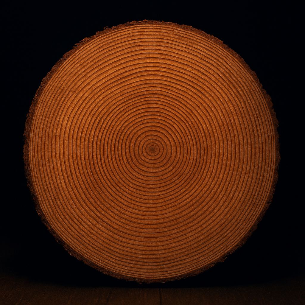 Cross-section of a 228-ring malmfuru log, resin-rich heartwood glowing in warm light