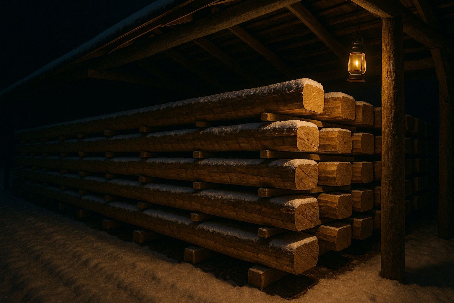 Stacks of hand-hewn pine logs air-drying under an open shed roof, dusted with snow